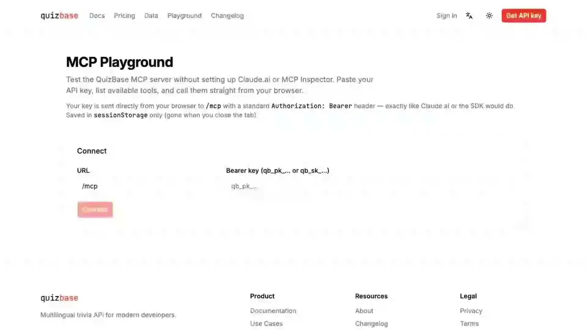 Testing QuizBase MCP server in the playground